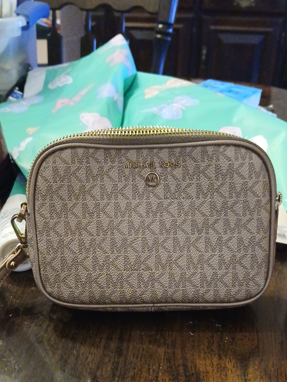 Michael Kors Taupe Signature Double Zipper Wristlet Rose Gold Bag